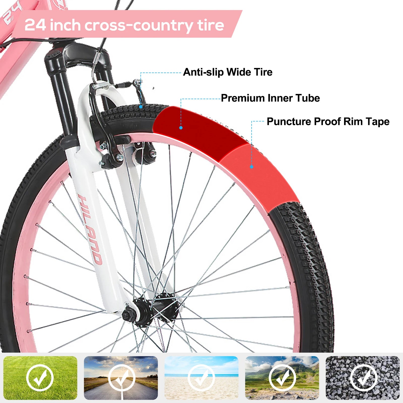 Hiland  24 Inch Mountain Bike for Kids Age 7,Front Suspension Fork Kids' Bicycles for Boys Girls Multiple Colors