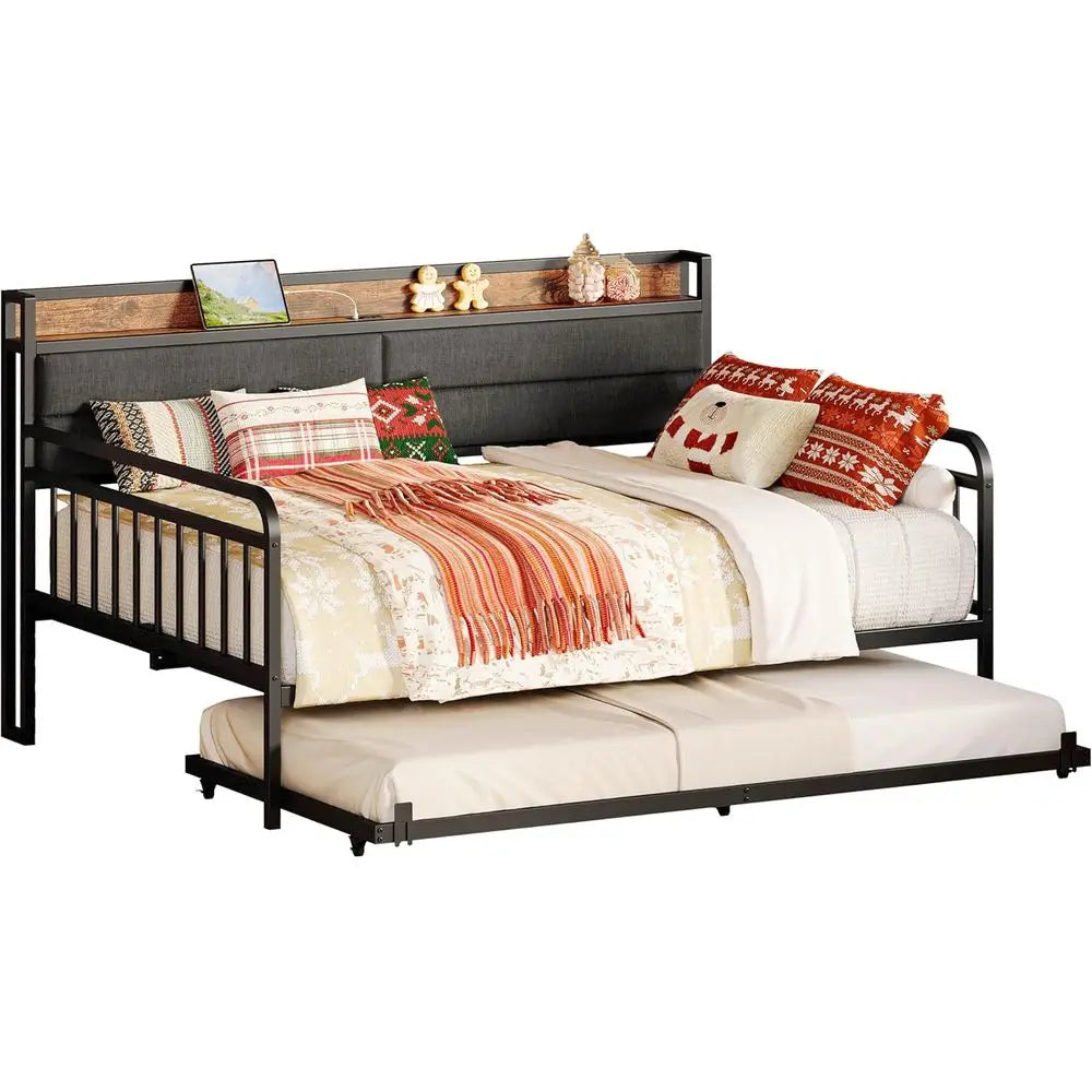 Metal Daybed with Trundle, Full Size Bed Frame, Upholstered Headboard, and Charging Station for Home, Black