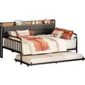 Metal Daybed with Trundle, Full Size Bed Frame, Upholstered Headboard, and Charging Station for Home, Black