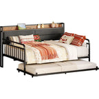 Metal Daybed with Trundle, Full Size Bed Frame, Upholstered Headboard, and Charging Station for Home, Black