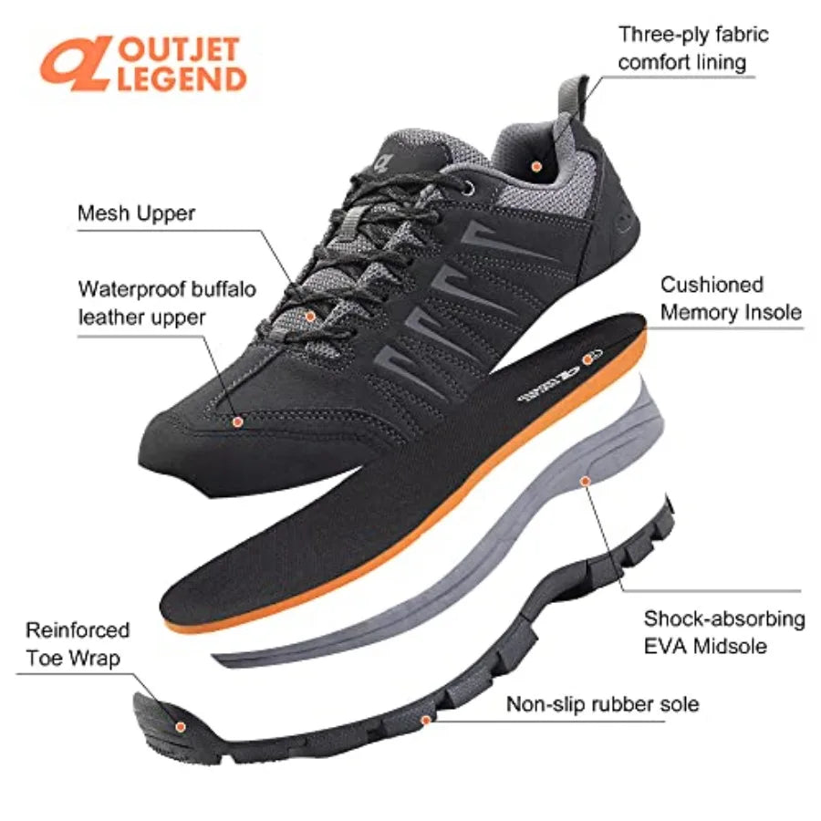 OL OUTJET LEGEND Men's Waterproof Hiking Shoes Leather Comfortable Lightweight Anti-Slip Outdoor Walking Work Sneakers