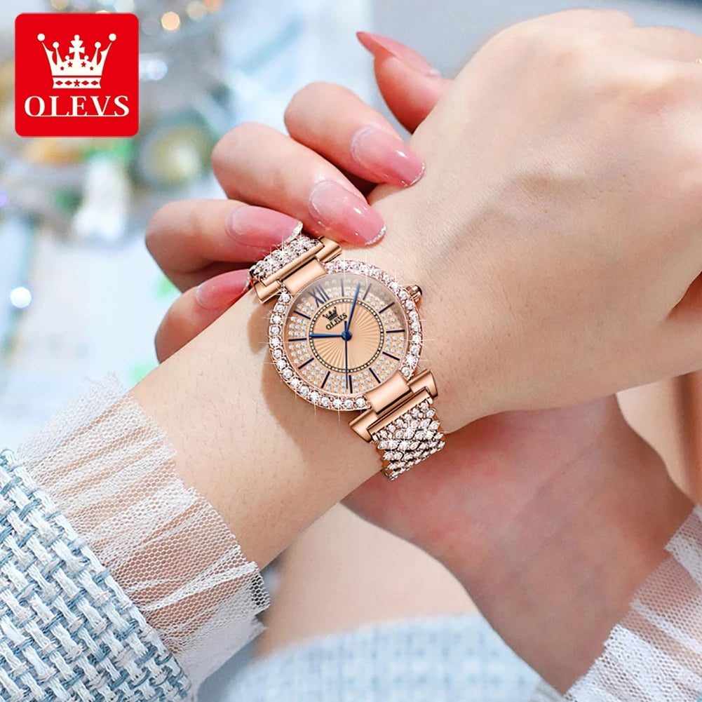 OLEVS 9942 Fashion Quartz Movement Watch For Women Full Of Diamond-set Strap Roman Scale Dial 30m Waterproof Luminous Watch