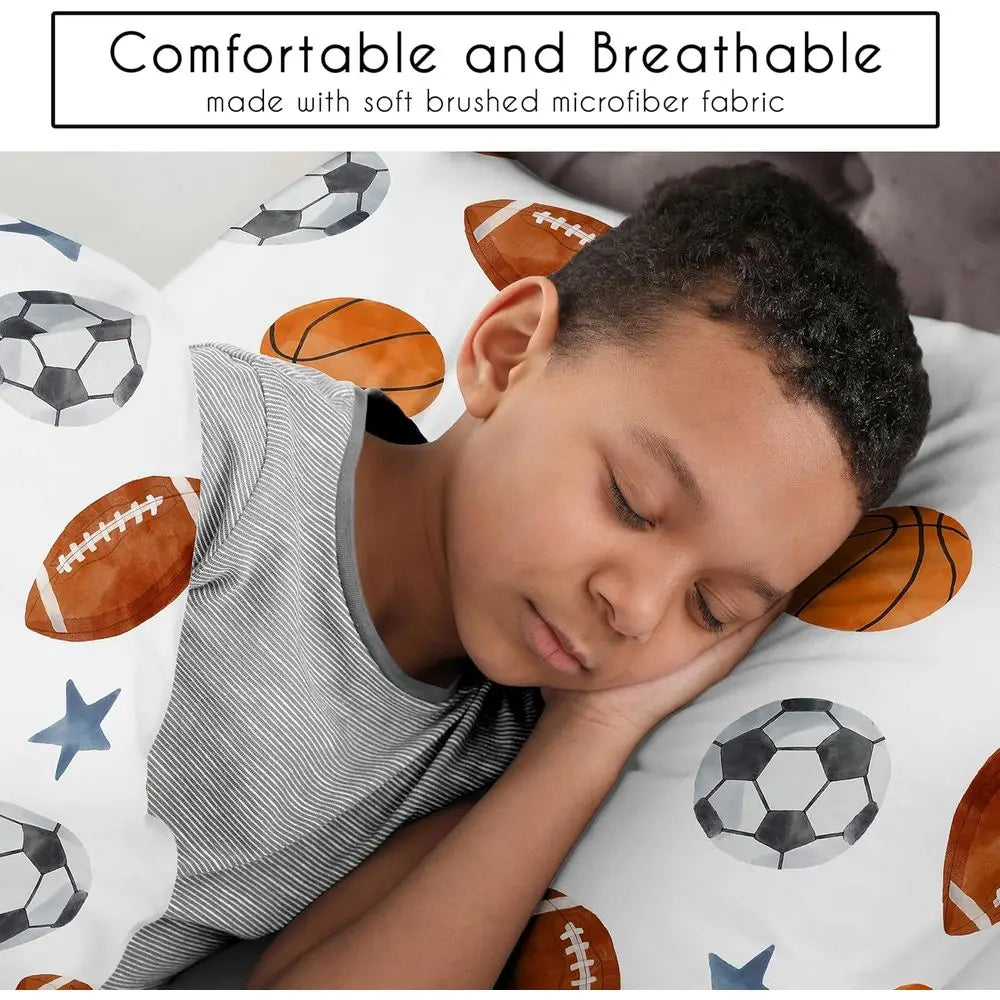 Full Size Sports Themed Bedding Set for Kids & Adults - 3 Piece Watercolor Soccer, Football, Basketball with Blue Stars