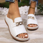 Women'S Chunky Platform Sandals - Slip-On Open-Toe Shoes with Golden-Tone Chain Accent, Non-Slip Wedge Heel, Cushioned Insole -
