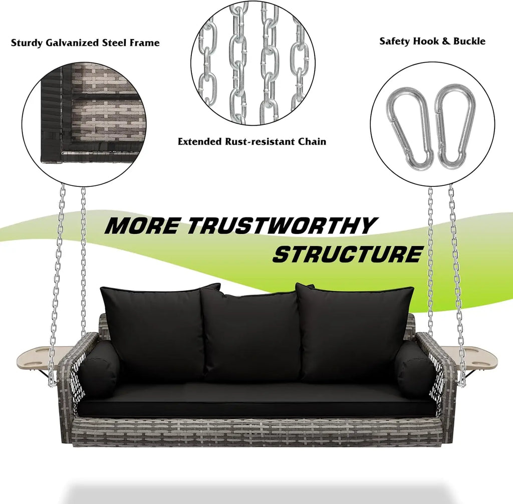 Outdoor Garden Yard Lawn Porch Swing, Wicker, Black Grey Rattan, 3 Person, Cushion, Cup Holder