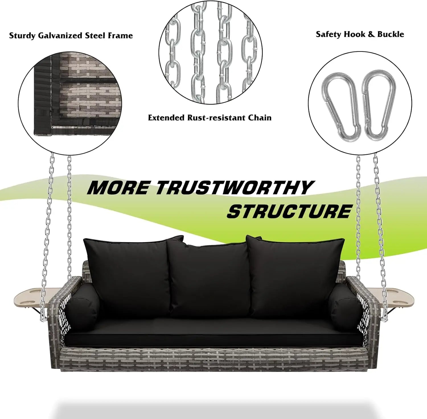 Outdoor Garden Yard Lawn Porch Swing, Wicker, Black Grey Rattan, 3 Person, Cushion, Cup Holder