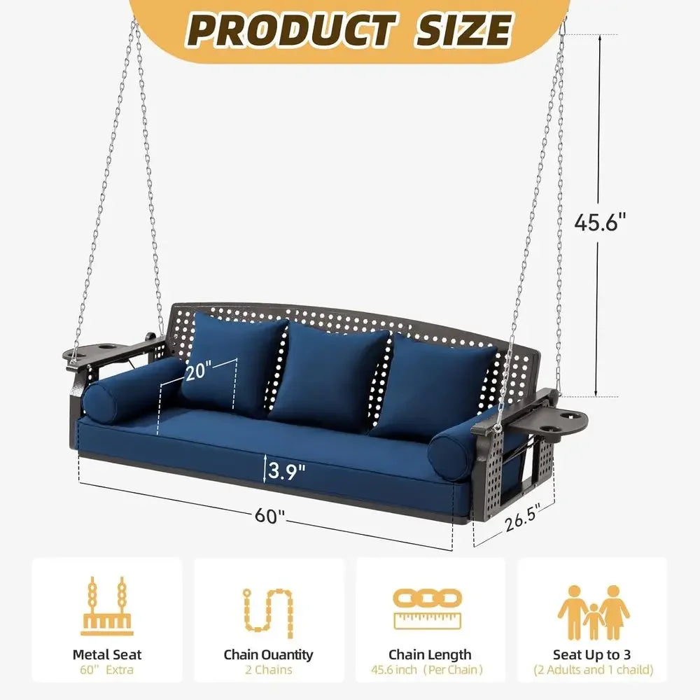 60-Inch Blue 3-Seat Porch Swing with Cup Holders and Cushions for Patio or Garden