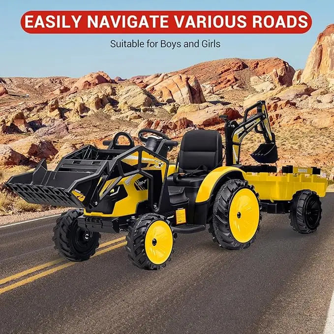 24V 3-in-1 Ride-On Tractor with Excavator & Bulldozer Modes — Kids Electric Construction Vehicle with Trailer, Digger, Shovel Bucket, Parent Remote Control, LED Lights, Music & USB, Battery