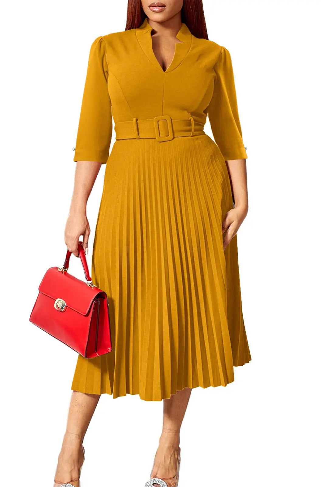 Womens V Neck Business Casual Shirt Dress With 3/4 Sleeves Pleated Midi Skirt And Belt