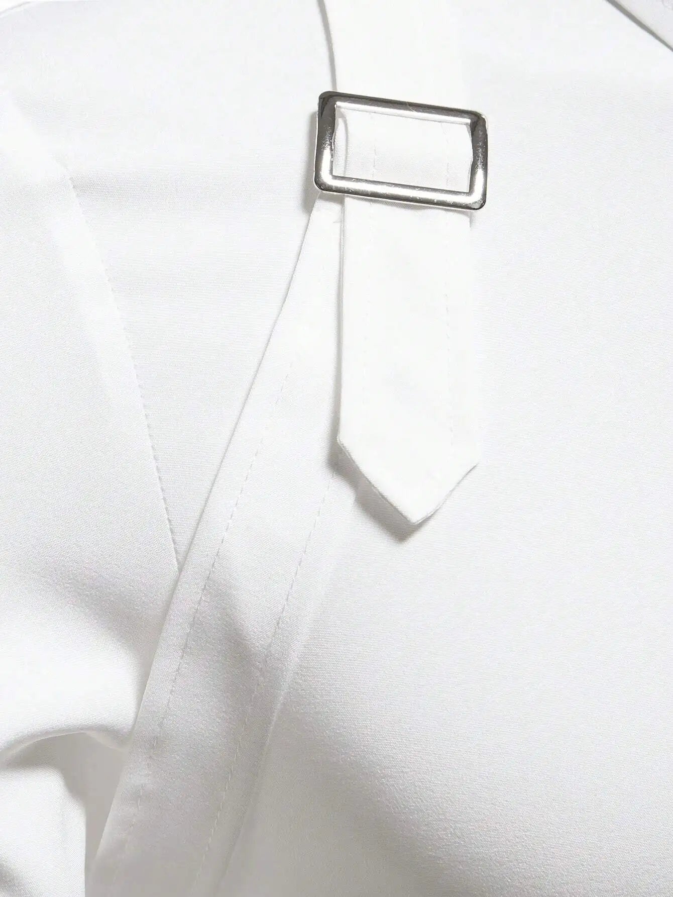 Men's Solid White Long Sleeve Shirt with Strap Detail, Slim Fit for Office or Casual Wear