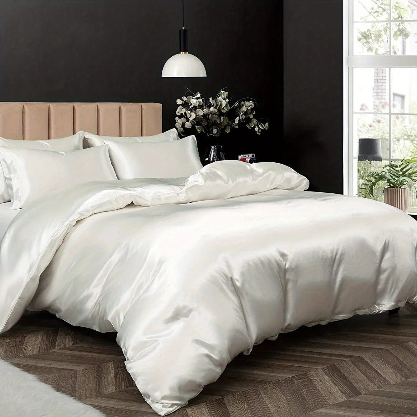 Satin Solid Color Ultra-Soft 3-Piece Duvet Cover Set, Cool and Super Soft Solid Color Bedding Set with Pillowcases, Skin-Friendly and Suitable for All Seasons, Bedroom Home Decor (Duvet Not Included)