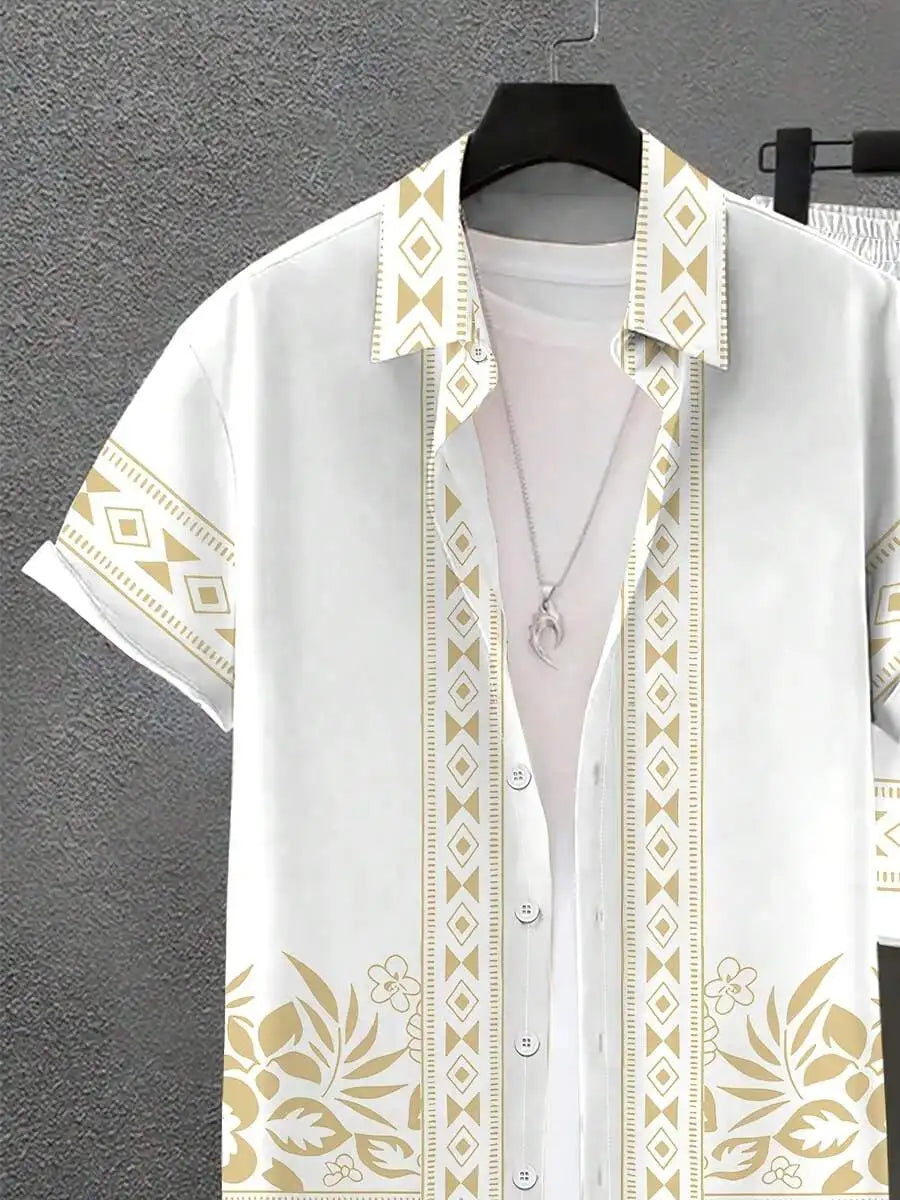 Mens Lapel Shirt And Beach Shorts Set White With Geometric Pattern Casual Summer Outfit