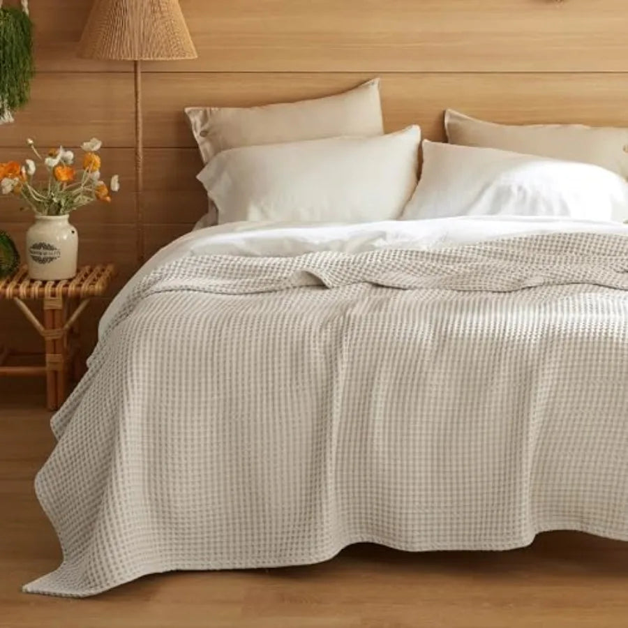 100% Cotton King Size Blanket for Spring Summer, Ultra Soft Waffle Weave King Blanket for Bed, Thin Lightweight Breathable Bedd