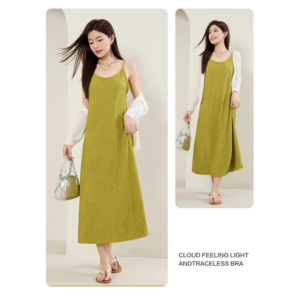 Original Black White Chiba Pleated Suspender Slimming Dress Women Casual Loose Drooping All-Match Dress