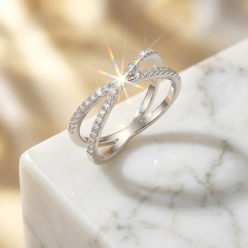 Moissanite Ring, 925 Sterling Silver, D Color VVS1, X-Shape Crossover Design, Unisex Stackable, Couple Ring, With Certificate