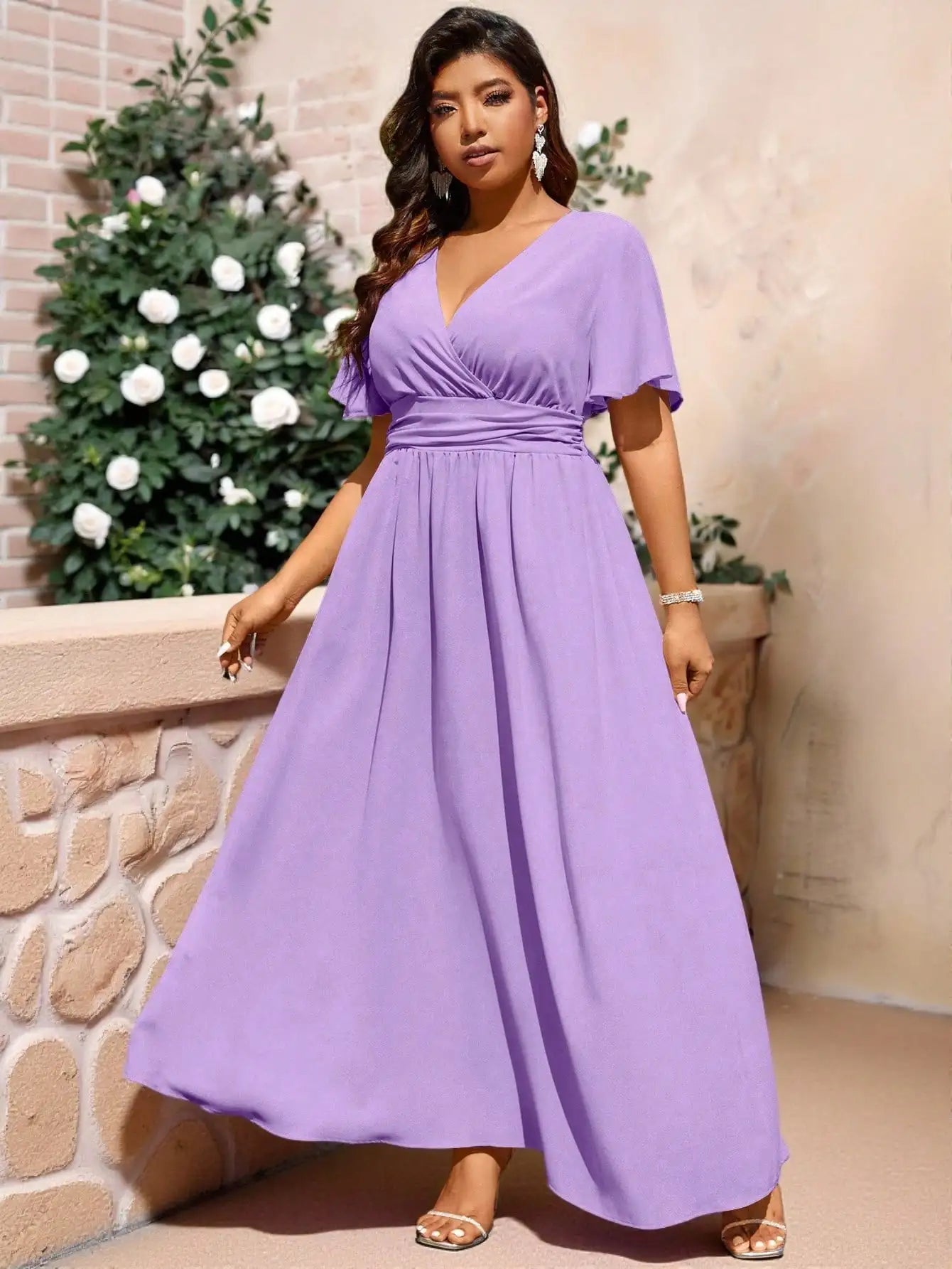 Plus Size Solid Color Wrap V-Neck Maxi Dress For Wedding Formal Occasion