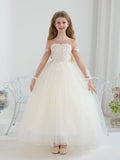 Champagne Flower Girl Dress Long Sleeve Lace Tulle Ball Gown with Bow Back Train Pageant Party Dress