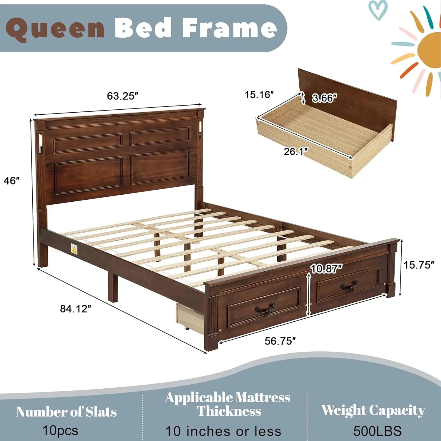 Farmhouse Queen Platform Bed Frame 46" Tall Headboard Solid Wood 2 Storage Drawers LED USB Charging No Box Spring Walnut Custom