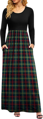 Women Casual Long Sleeve Maxi Dresses Empire Waist Long Dress with Pockets