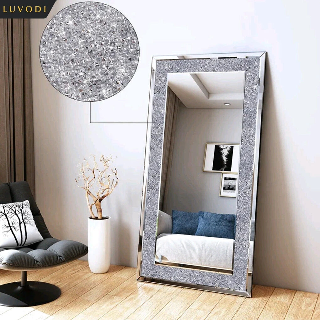LUVODI Large Vanity Mirror with Sparkly Crystal Rhinestone Diamond Frameless Wall Mounted Silver Dressing Mirror for Home/Hotel