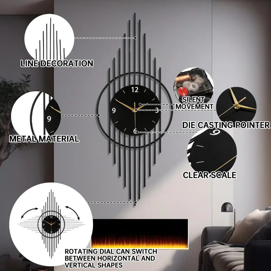 Modern Black Metal Wall Clock, Art Deco Style Large Decorative Clock for Living Room, Silent Non-Ticking Hanging Clock with Geo