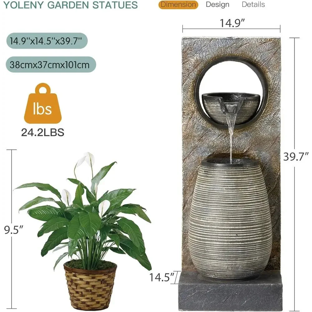 Illuminated Outdoor Mountain Fountain, 39.7 Tall, for Garden and Home Decor