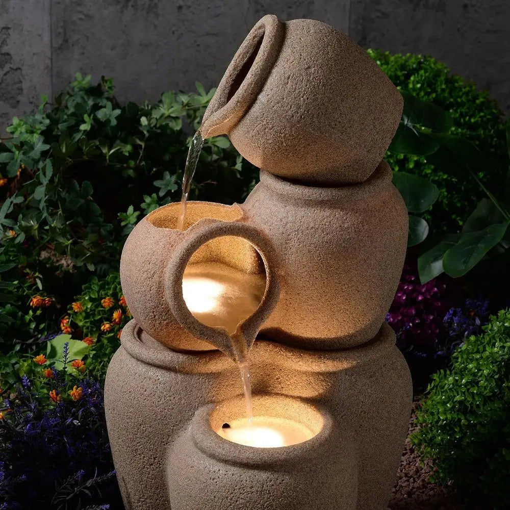 Eco-Friendly 3-Tier Cascading Jars Outdoor Water Fountain with LED Lights for Patio and Backyard Decor