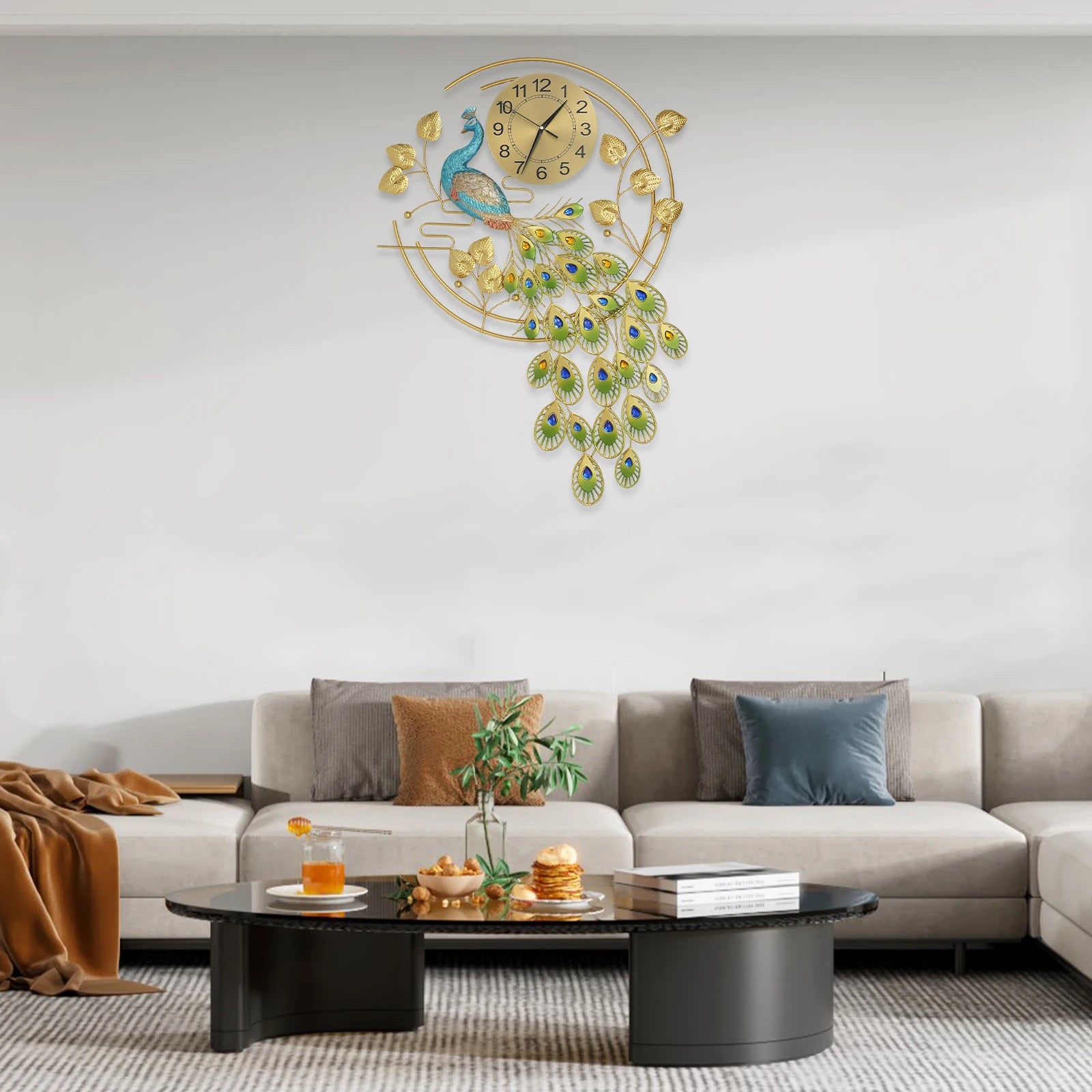 Peacock Art Wall Clock, Large Metal Silent Non-ticking Timepiece, Elegant Luxury Wall Decor for Home Living Room Bedroom