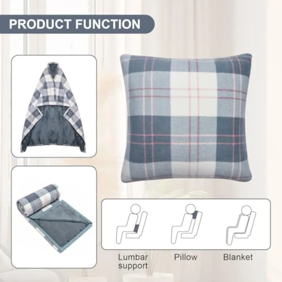 Wearable Blanket Compact Pillow 2-in-1, Lap Blanket Poncho with Button Plaid Throw Cushion for Home Office Sofa