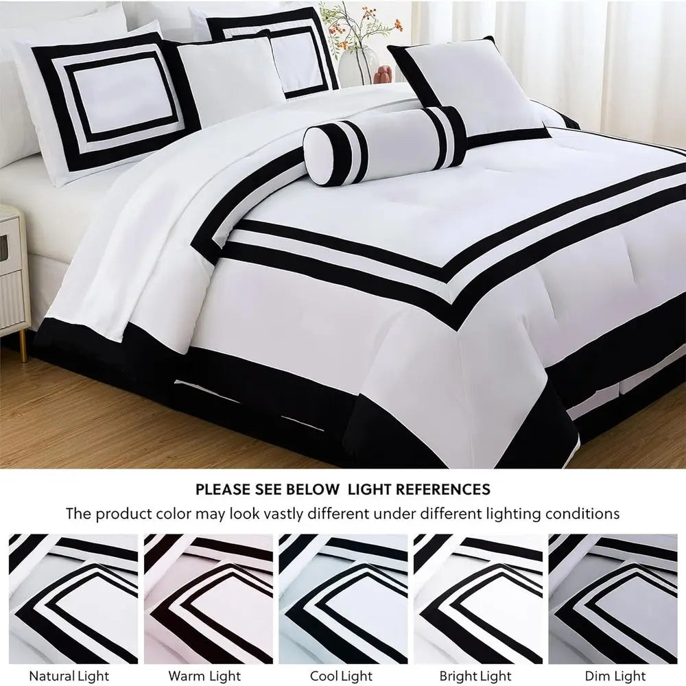7-Piece Hotel Style Comforter Set - White/Black Square Color Block Bedding with Pillows - Luxurious Lightweight All Season Beddi