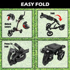 3-Wheel Golf Push Cart with 360° Swivel Front Wheel, Lightweight & Durable, Foldable for Easy Storage, Hand & Dual Brake System,