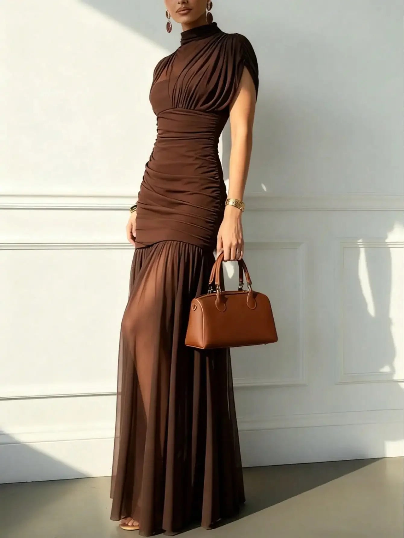 Solid Color Elegant Sexy Party Mesh Ruffle Splice Pleated Hem Dress, Suitable For Beach, Evening Date, Wedding, Birthday Party, Spring/Summer