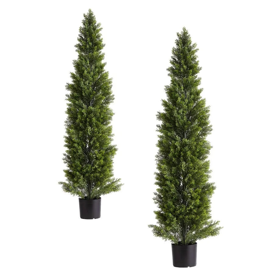 Artificial Topiary Cedar Trees 60 inch 2 Set Faux Pine Shrubs Plants Fake Silk Tree Look Real Easy Assembly for Decor Front Por