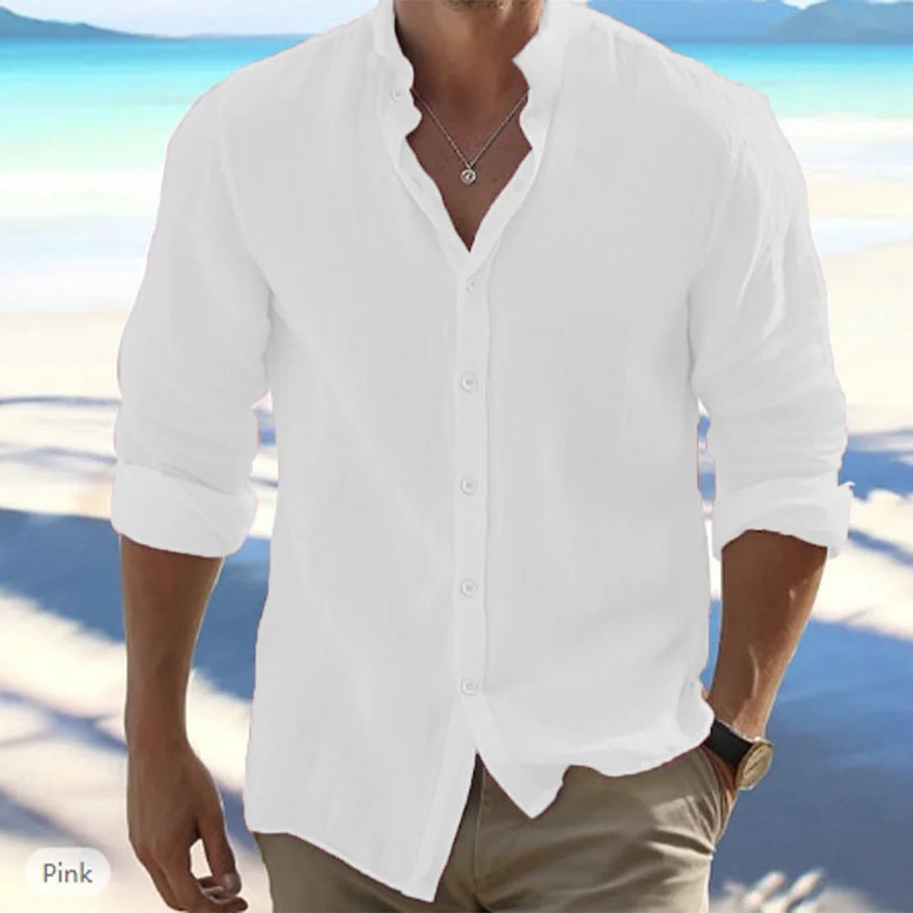 Men Shirt Simple Beach Solid Color Stand Collar Long Sleeve Shirt Cotton Linen Breathable Plus Size Summer Daily Top