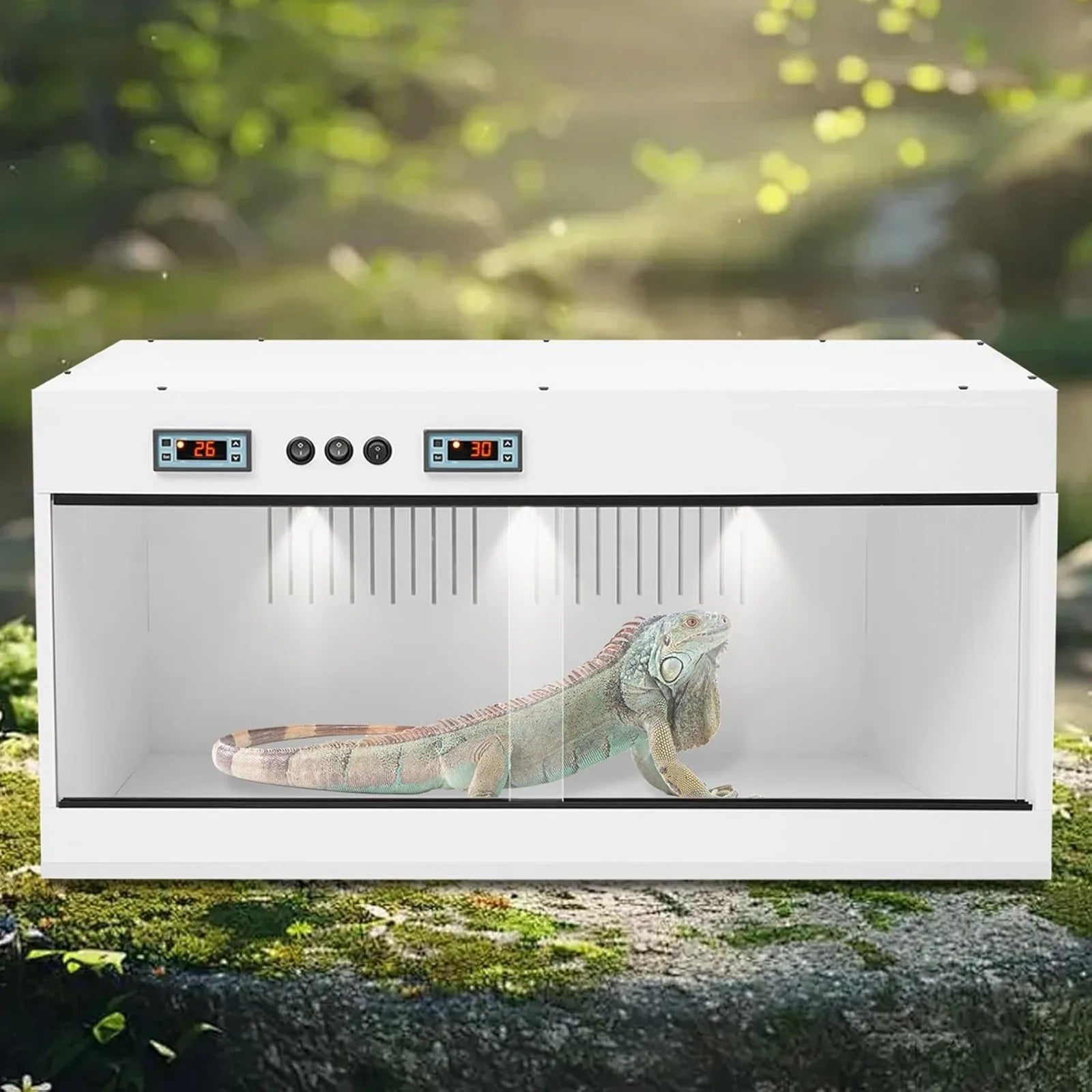 PVC Large Reptile Tank, 31.5x15.8x15.8 Front Opening Reptile Terrarium w/ Dual Temperature Controller Snake Enclosure Reptiles Feeding Box w/ Glass Sliding Door for Chameleon Lizard Snake