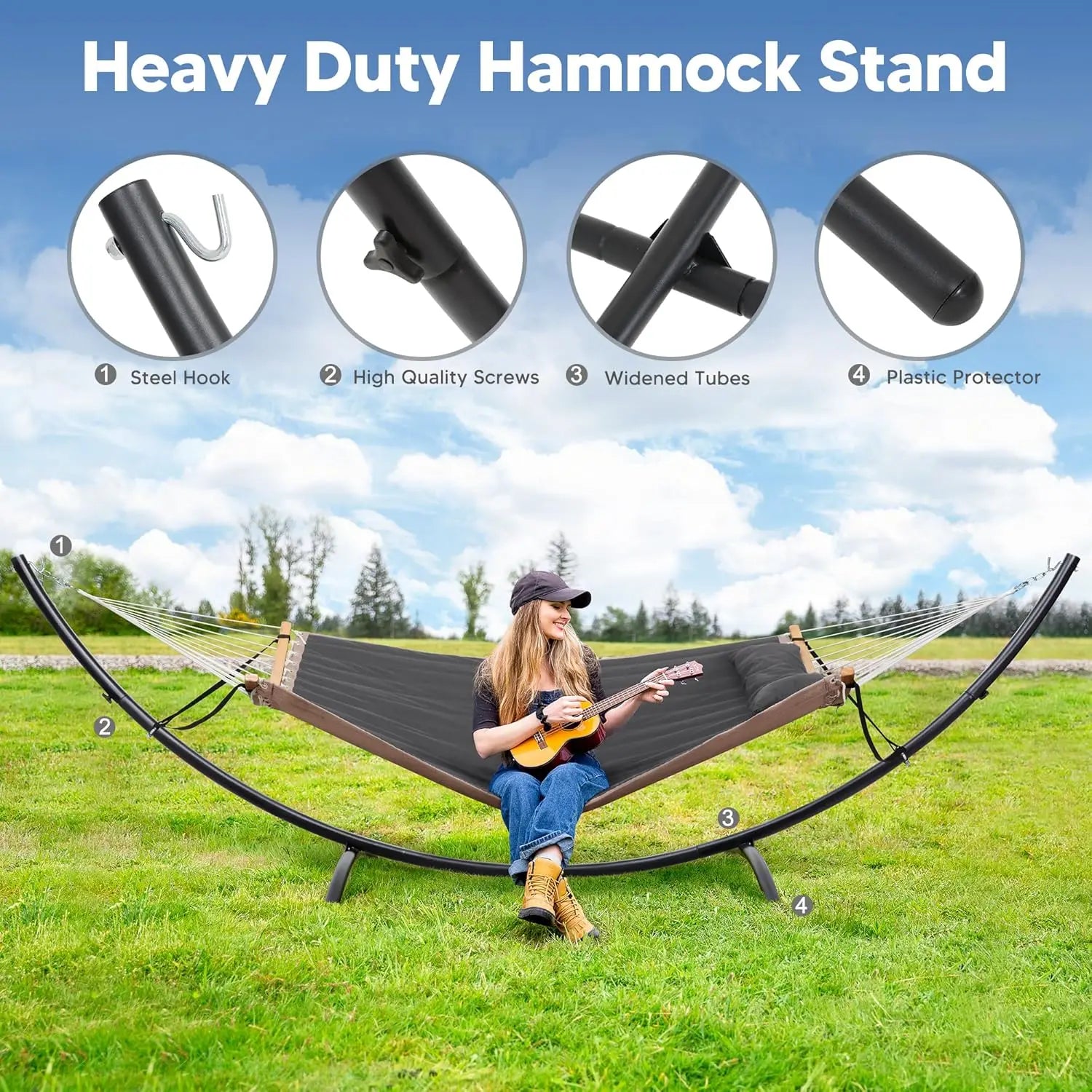 Outdoor Standing Patio Hammock with Foldable Stand in Dark Gray, Patent Pending