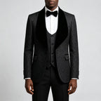 Men Light Blue Jacquard Tuxedo 3 Piece Suit Shawl Black Lapel Slim Fit Blazer Vest Pants Set Wedding Groom Prom Dinner Party Formal Mens Suit