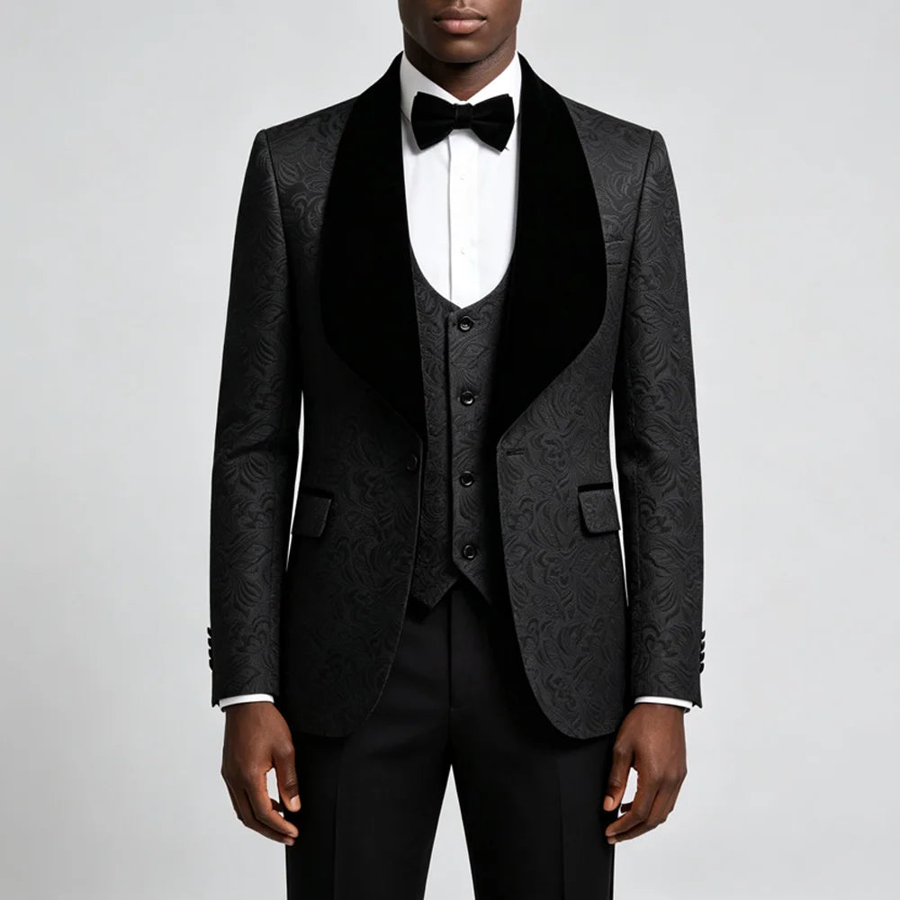 Men Light Blue Jacquard Tuxedo 3 Piece Suit Shawl Black Lapel Slim Fit Blazer Vest Pants Set Wedding Groom Prom Dinner Party Formal Mens Suit