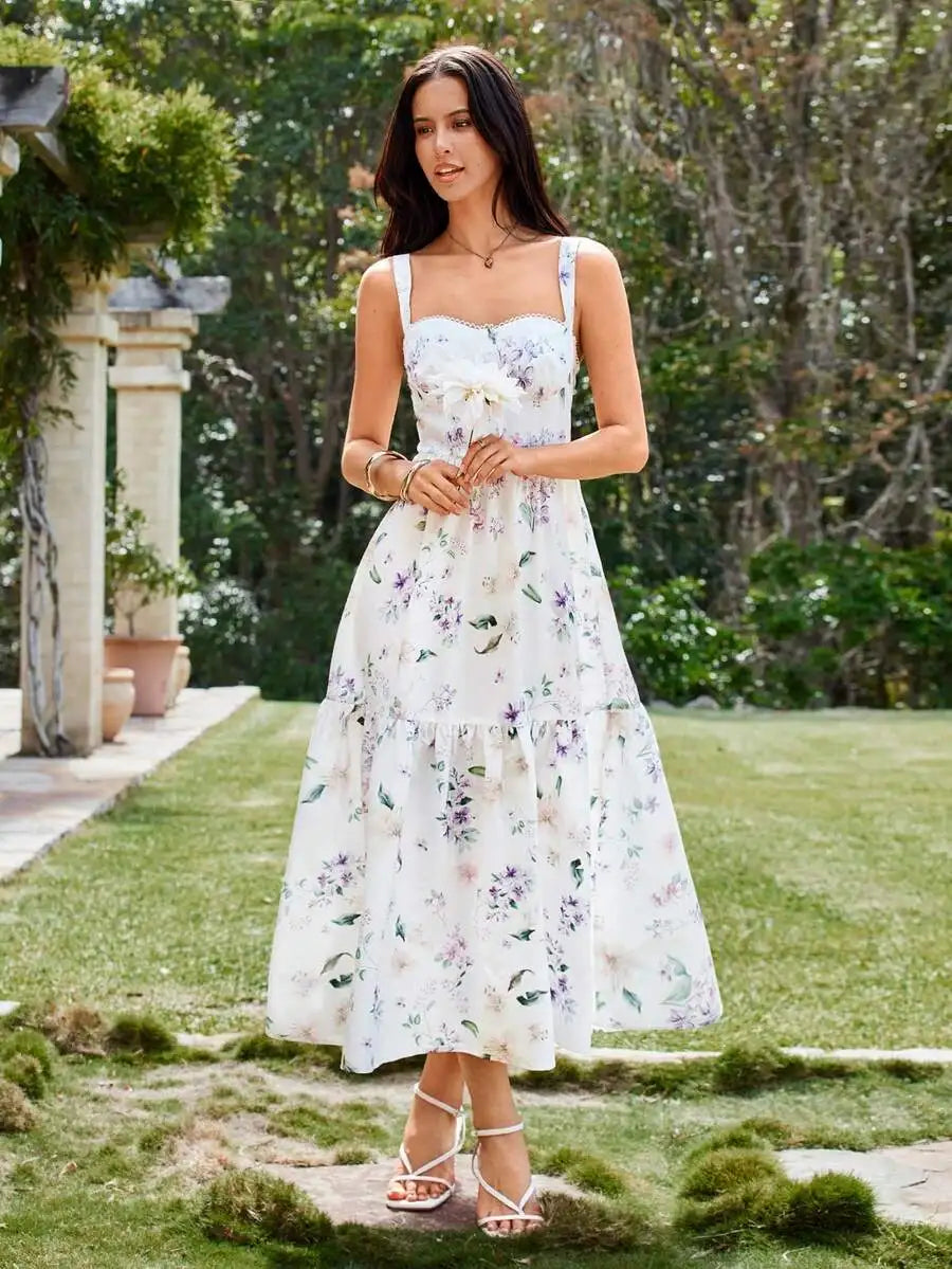 Elegant White Floral Womens Summer Cottage Core Dress For Garden Party Wedding Guest Graduation
