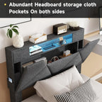 Twin Bed Frame with Storage Headboard and 4 Drawers,Upholstered Platform with Charging Station and Led Lights,Adjustable