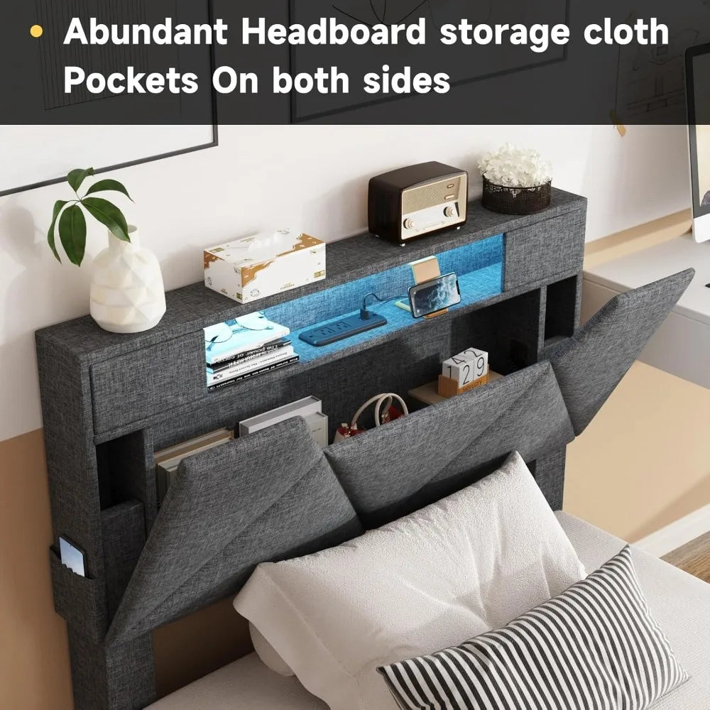 Twin Bed Frame with Storage Headboard and 4 Drawers,Upholstered Platform with Charging Station and Led Lights,Adjustable