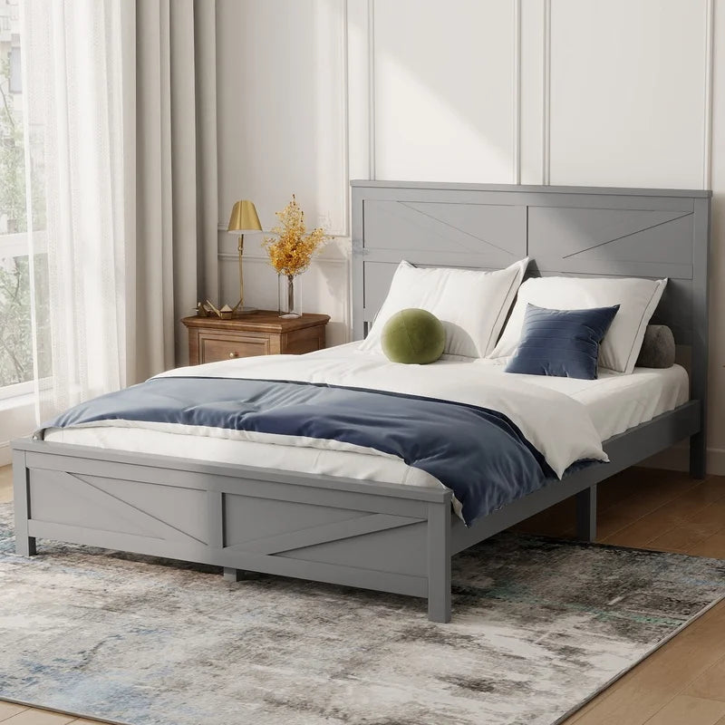 Farmhouse Queen Bed with Barn Door Headboard and Footboard, Pinewood Frame, Grey