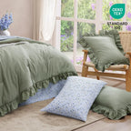 Queen Comforter Set - 7 Pieces Ruffle Sage Green Bedding, Shabby Chic Farmhouse Style with Floral Sheets & Pillowcases