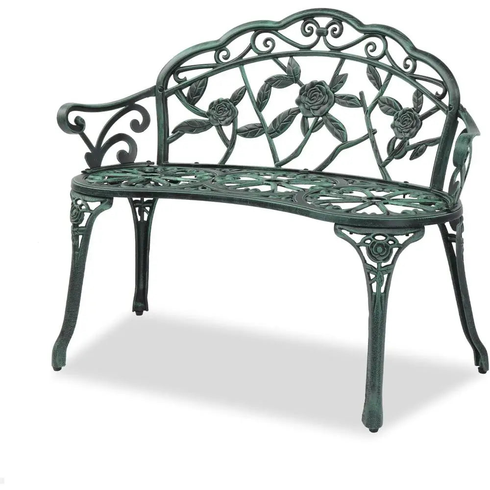 38.5 Outdoor Metal Rose Bench, 2-Person Cast Iron Antique Irish Style, Green Lawn Porch Yard Decor Furniture