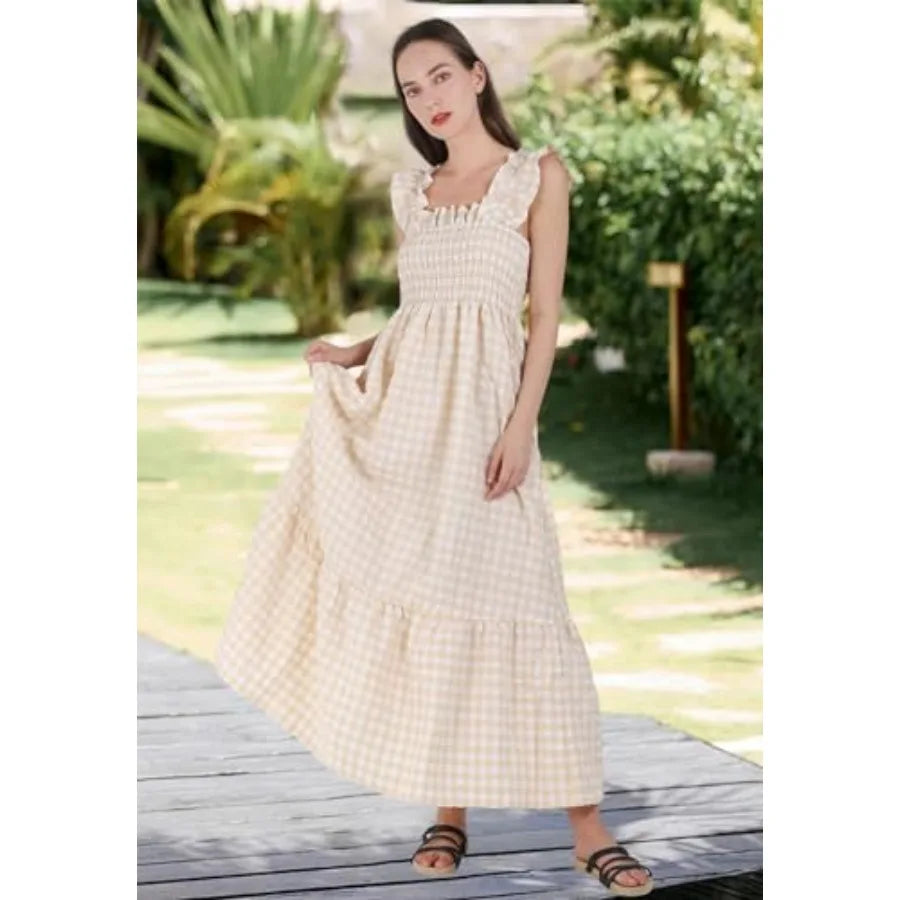 chouyatou Women's Retro Plaid Smocked Dress Spaghetti Strap Flounce Long Dress