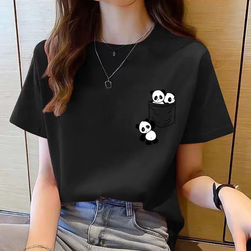 Women Short Sleeve Top Summer New Pocket Panda Cartoon Printed T-shirt Korean Fashion Loose Round Neck Tee
