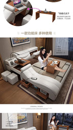 Genuine Leather Bed Frame with Massager, Storage, Safe, Speaker & LED Light, Soft Bed for Bedroom Furniture