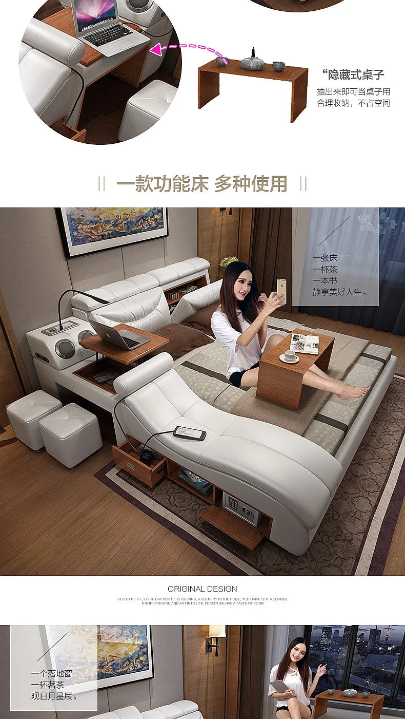 Genuine Leather Bed Frame with Massager, Storage, Safe, Speaker & LED Light, Soft Bed for Bedroom Furniture