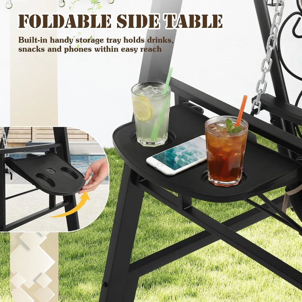 Porch Swing with Stand for Adults - Heavy-Duty Metal, Cushioned, Cup Holders, Adjustable, Easy Assembly