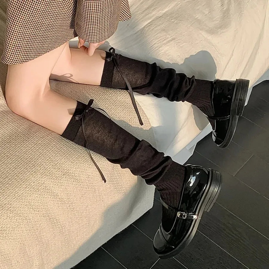 1/2/5 Pairs Lolita Long Socks Women Summer Ultra Thin Breathable Bandage Ribbon Bow Sweet Girls JK Style Black White Stockings